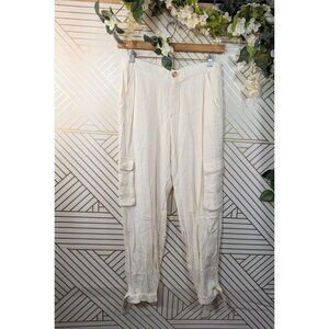 ZARA Women's Viscose Linen Blend Pants Joggers Tie Hem Cream Off WhiteSize Large